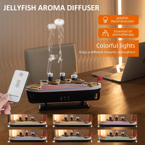 TITANIC SHIP MODEL AIR HUMIDIFIER JELLYFISH SMOKE RING SPRAY AROMA DIFFUSER NIGHT LIGHT FOR HOME
